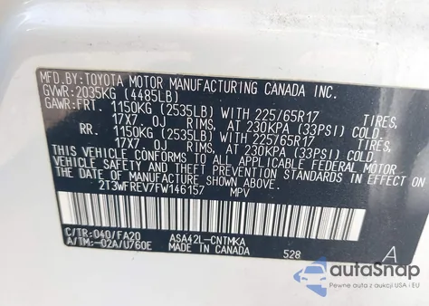 2015 Toyota Rav4 Xle z USA, uszkodzony, nr VIN 2T3WFREV7FW146157